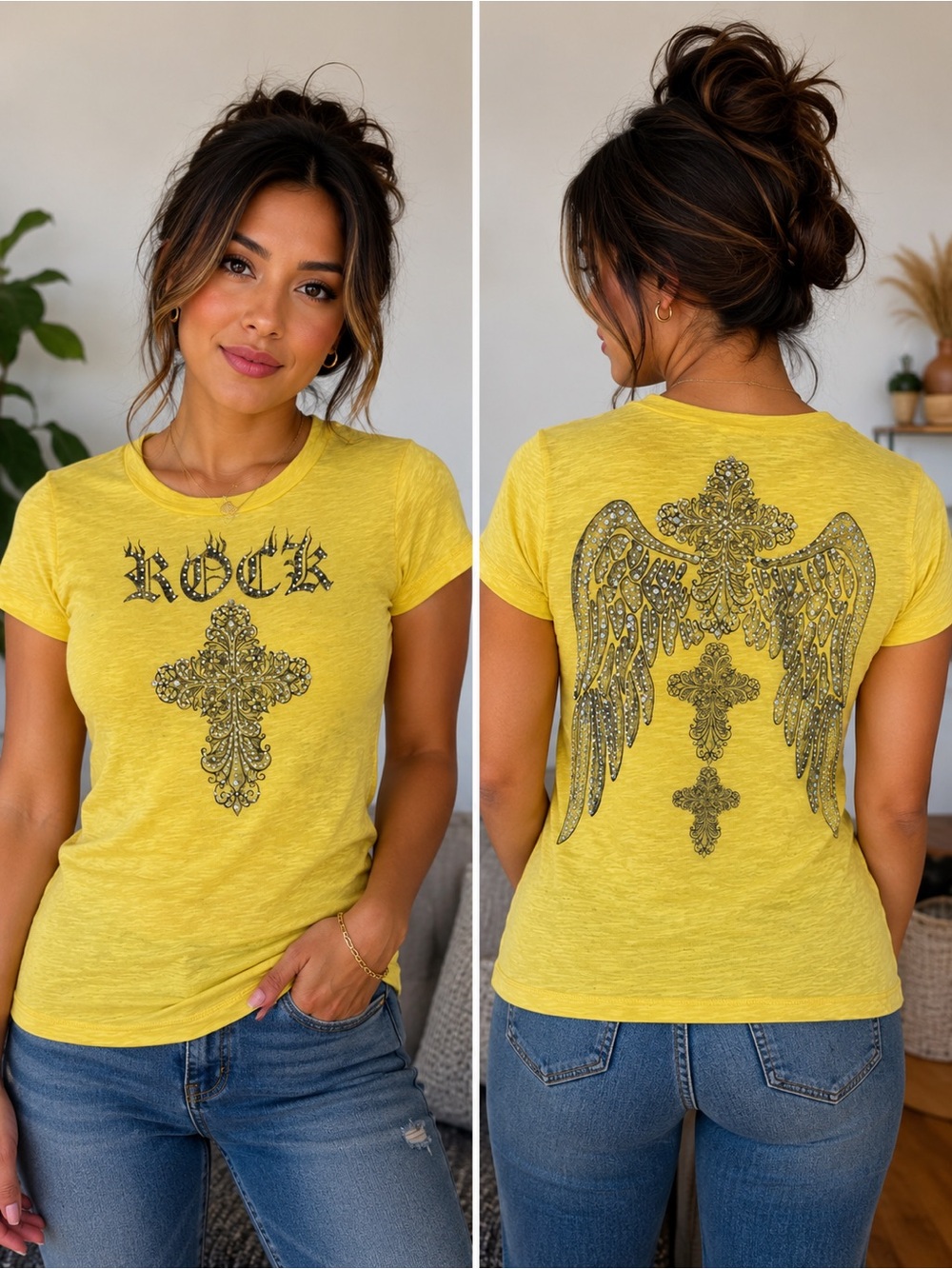 Vocal Yellow Graphic 'Rock' Tee with Ornate Cross & Wing Print